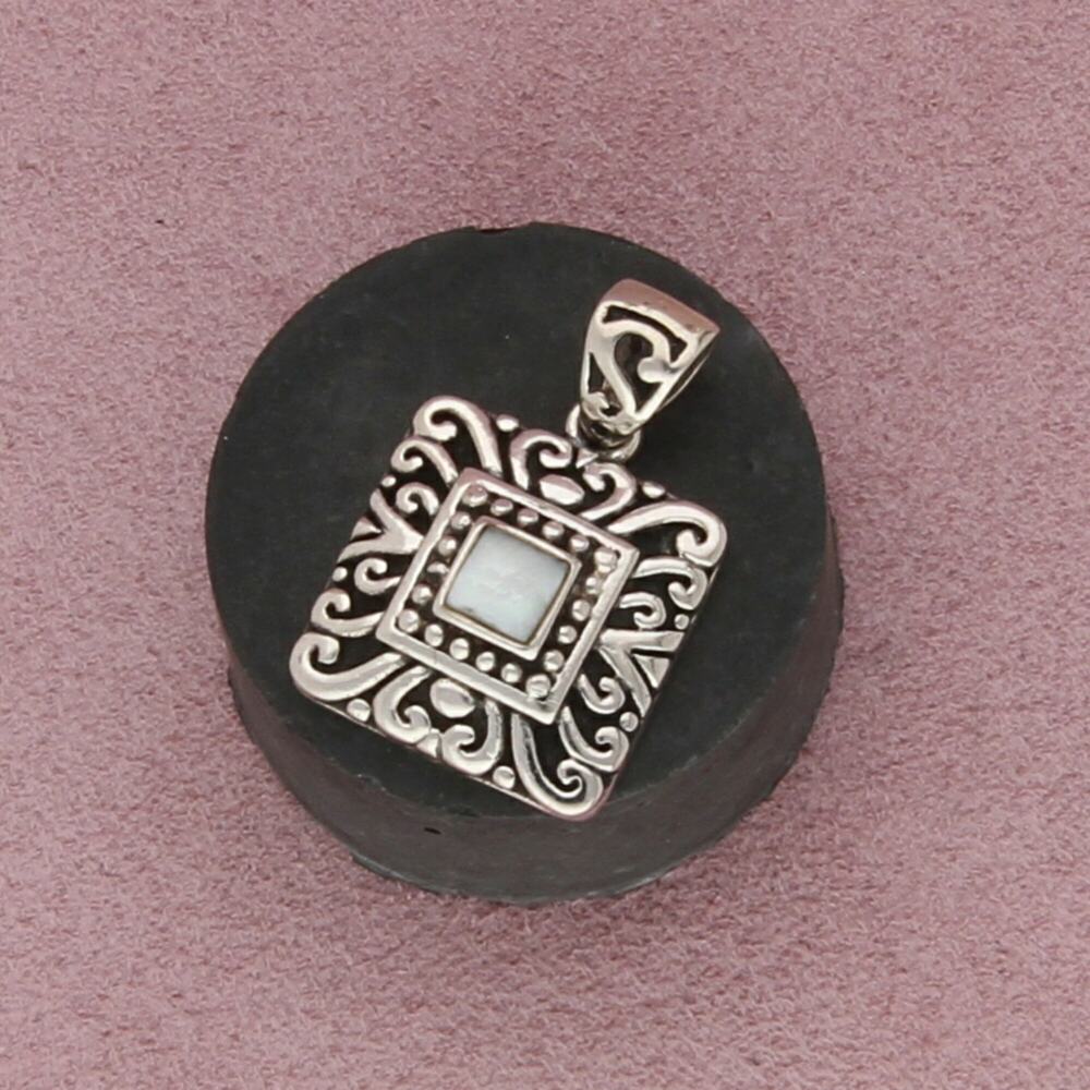 sterling silver white mother of pearl scroll square pendant
